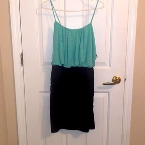 Cocktail dress, blue green sparkly top. Worn once, stretchy fabric